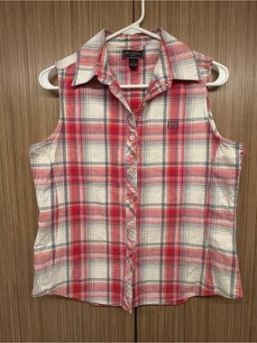 Bit & Bridle 100% Cotton Plaid Sleeveless Button Down Tank